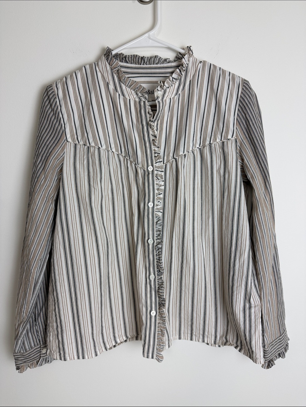 Ba&sh Striped Ruffle-Trim Button Front Top white/Beige/blue size medium - Picture 5 of 12